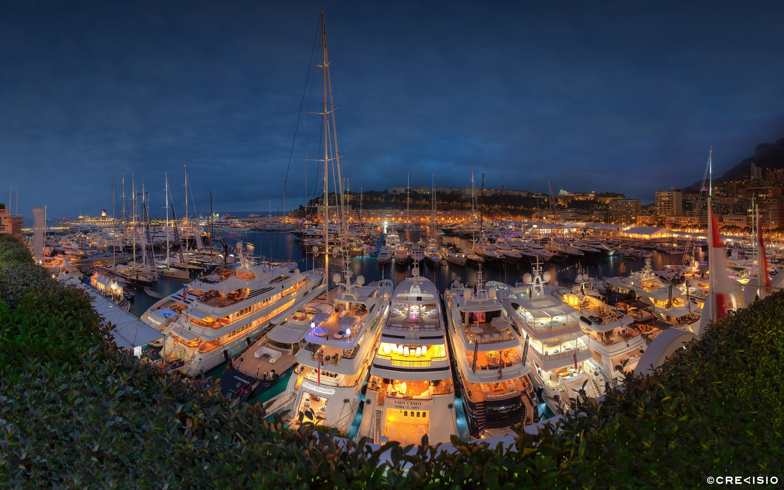 Yachts in the Monaco harbour at night